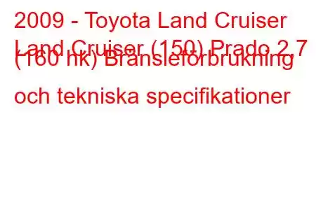 2009 - Toyota Land Cruiser
Land Cruiser (150) Prado 2,7 i (160 hk) Bränsleförbrukning och tekniska specifikationer