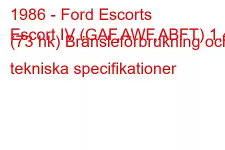 1986 - Ford Escorts
Escort IV (GAF,AWF,ABFT) 1,4 (73 hk) Bränsleförbrukning och tekniska specifikationer