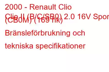 2000 - Renault Clio
Clio II (B/C/SB0) 2.0 16V Sport (CB0M) (169 hk) Bränsleförbrukning och tekniska specifikationer