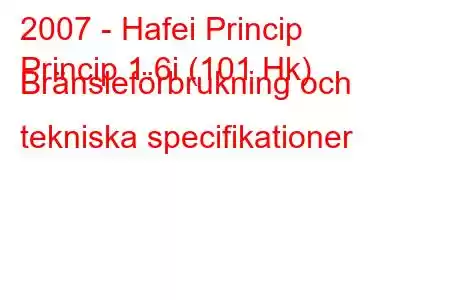 2007 - Hafei Princip
Princip 1.6i (101 Hk) Bränsleförbrukning och tekniska specifikationer