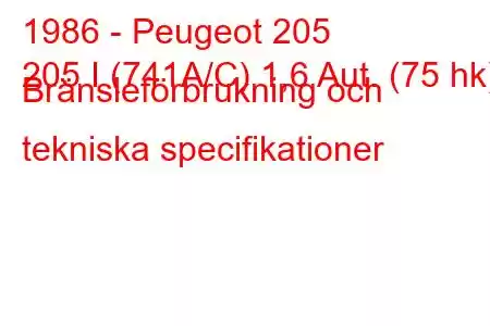 1986 - Peugeot 205
205 I (741A/C) 1,6 Aut. (75 hk) Bränsleförbrukning och tekniska specifikationer