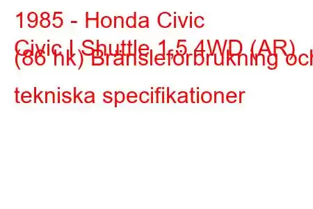 1985 - Honda Civic
Civic I Shuttle 1,5 4WD (AR) (86 hk) Bränsleförbrukning och tekniska specifikationer