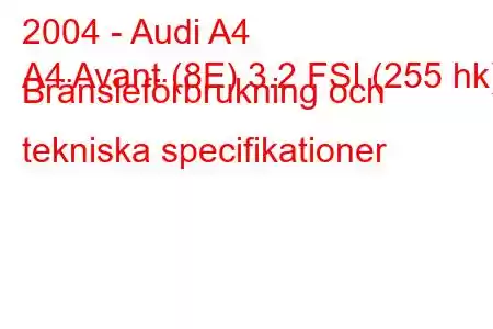 2004 - Audi A4
A4 Avant (8E) 3.2 FSI (255 hk) Bränsleförbrukning och tekniska specifikationer