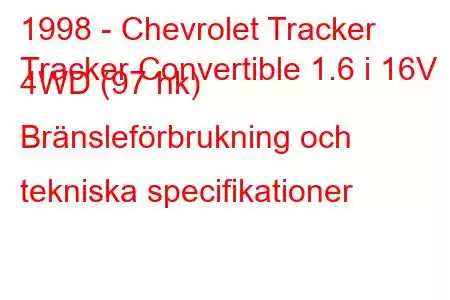 1998 - Chevrolet Tracker
Tracker Convertible 1.6 i 16V 4WD (97 hk) Bränsleförbrukning och tekniska specifikationer