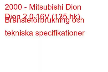 2000 - Mitsubishi Dion
Dion 2.0 16V (135 hk) Bränsleförbrukning och tekniska specifikationer