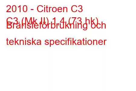 2010 - Citroen C3
C3 (Mk II) 1,4 (73 hk) Bränsleförbrukning och tekniska specifikationer