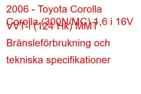 2006 - Toyota Corolla
Corolla (300N/MC) 1,6 i 16V VVT-i (124 Hk) MMT Bränsleförbrukning och tekniska specifikationer