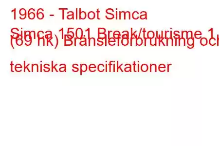 1966 - Talbot Simca
Simca 1501 Break/tourisme 1,5 (69 hk) Bränsleförbrukning och tekniska specifikationer