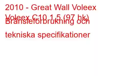 2010 - Great Wall Voleex
Voleex C10 1,5 (97 hk) Bränsleförbrukning och tekniska specifikationer