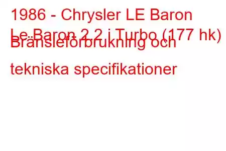 1986 - Chrysler LE Baron
Le Baron 2.2 i Turbo (177 hk) Bränsleförbrukning och tekniska specifikationer