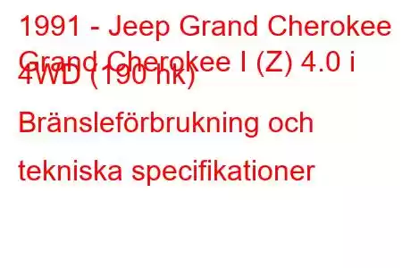 1991 - Jeep Grand Cherokee
Grand Cherokee I (Z) 4.0 i 4WD (190 hk) Bränsleförbrukning och tekniska specifikationer