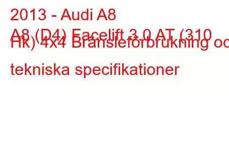 2013 - Audi A8
A8 (D4) Facelift 3.0 AT (310 Hk) 4x4 Bränsleförbrukning och tekniska specifikationer