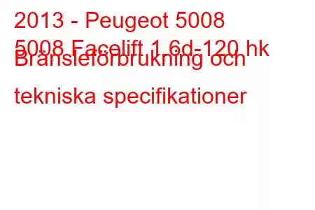 2013 - Peugeot 5008
5008 Facelift 1.6d-120 hk Bränsleförbrukning och tekniska specifikationer