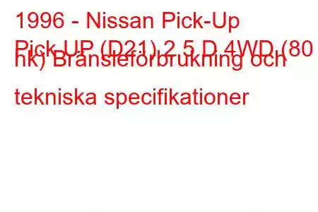 1996 - Nissan Pick-Up
Pick UP (D21) 2,5 D 4WD (80 hk) Bränsleförbrukning och tekniska specifikationer