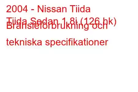 2004 - Nissan Tiida
Tiida Sedan 1.8i (126 hk) Bränsleförbrukning och tekniska specifikationer