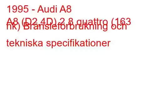 1995 - Audi A8
A8 (D2,4D) 2,8 quattro (163 hk) Bränsleförbrukning och tekniska specifikationer