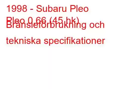 1998 - Subaru Pleo
Pleo 0,66 (45 hk) Bränsleförbrukning och tekniska specifikationer