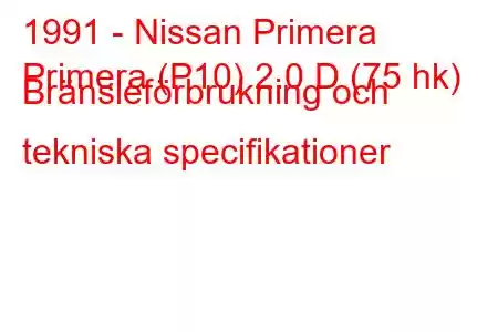 1991 - Nissan Primera
Primera (P10) 2.0 D (75 hk) Bränsleförbrukning och tekniska specifikationer