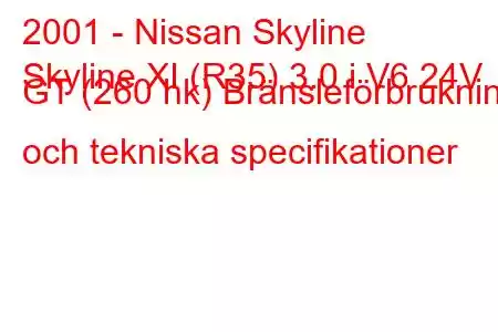 2001 - Nissan Skyline
Skyline XI (R35) 3.0 i V6 24V GT (260 hk) Bränsleförbrukning och tekniska specifikationer