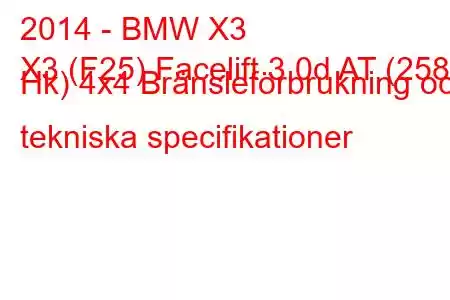 2014 - BMW X3
X3 (F25) Facelift 3.0d AT (258 Hk) 4x4 Bränsleförbrukning och tekniska specifikationer