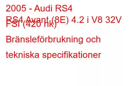 2005 - Audi RS4
RS4 Avant (8E) 4.2 i V8 32V FSI (420 hk) Bränsleförbrukning och tekniska specifikationer