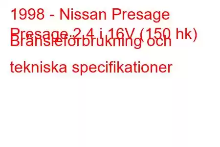 1998 - Nissan Presage
Presage 2.4 i 16V (150 hk) Bränsleförbrukning och tekniska specifikationer