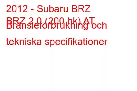 2012 - Subaru BRZ
BRZ 2.0 (200 hk) AT Bränsleförbrukning och tekniska specifikationer