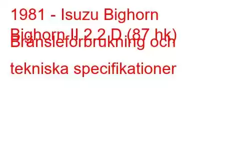 1981 - Isuzu Bighorn
Bighorn II 2.2 D (87 hk) Bränsleförbrukning och tekniska specifikationer