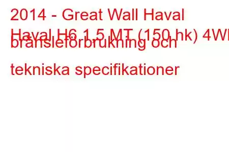 2014 - Great Wall Haval
Haval H6 1,5 MT (150 hk) 4WD bränsleförbrukning och tekniska specifikationer