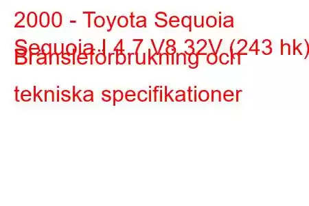 2000 - Toyota Sequoia
Sequoia I 4.7 V8 32V (243 hk) Bränsleförbrukning och tekniska specifikationer