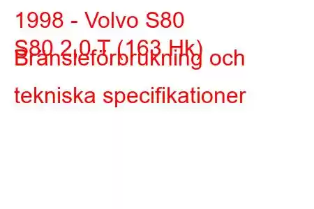 1998 - Volvo S80
S80 2,0 T (163 Hk) Bränsleförbrukning och tekniska specifikationer