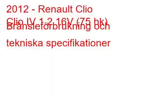 2012 - Renault Clio
Clio IV 1.2 16V (75 hk) Bränsleförbrukning och tekniska specifikationer