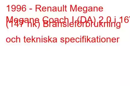 1996 - Renault Megane
Megane Coach I (DA) 2.0 i 16V (147 hk) Bränsleförbrukning och tekniska specifikationer