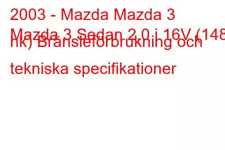 2003 - Mazda Mazda 3
Mazda 3 Sedan 2.0 i 16V (148 hk) Bränsleförbrukning och tekniska specifikationer