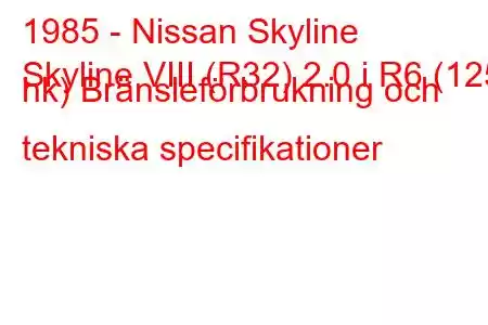 1985 - Nissan Skyline
Skyline VIII (R32) 2.0 i R6 (125 hk) Bränsleförbrukning och tekniska specifikationer