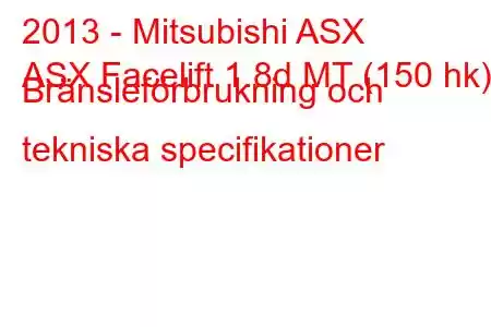 2013 - Mitsubishi ASX
ASX Facelift 1.8d MT (150 hk) Bränsleförbrukning och tekniska specifikationer