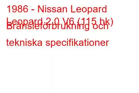 1986 - Nissan Leopard
Leopard 2.0 V6 (115 hk) Bränsleförbrukning och tekniska specifikationer