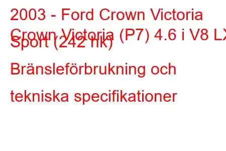 2003 - Ford Crown Victoria
Crown Victoria (P7) 4.6 i V8 LX Sport (242 hk) Bränsleförbrukning och tekniska specifikationer