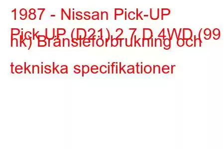 1987 - Nissan Pick-UP
Pick UP (D21) 2,7 D 4WD (99 hk) Bränsleförbrukning och tekniska specifikationer