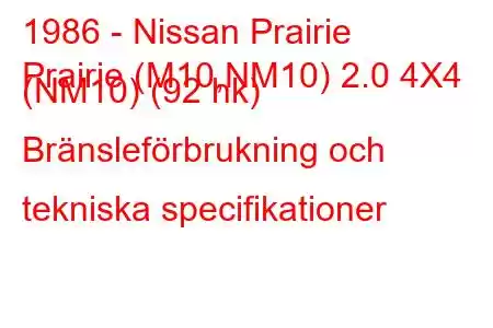 1986 - Nissan Prairie
Prairie (M10,NM10) 2.0 4X4 (NM10) (92 hk) Bränsleförbrukning och tekniska specifikationer