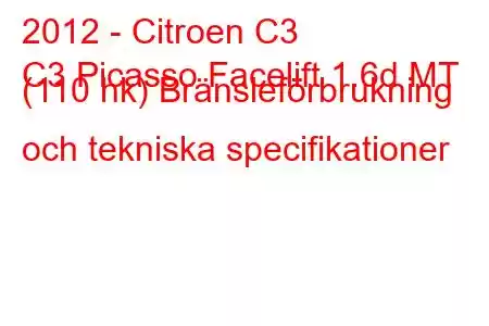 2012 - Citroen C3
C3 Picasso Facelift 1.6d MT (110 hk) Bränsleförbrukning och tekniska specifikationer