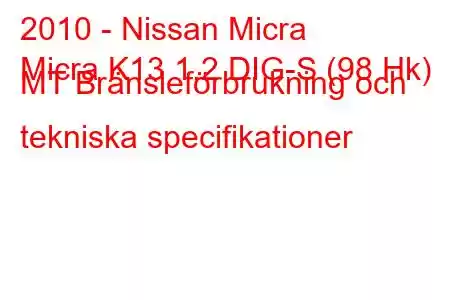 2010 - Nissan Micra
Micra K13 1.2 DIG-S (98 Hk) MT Bränsleförbrukning och tekniska specifikationer