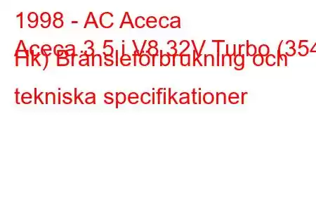 1998 - AC Aceca
Aceca 3.5 i V8 32V Turbo (354 Hk) Bränsleförbrukning och tekniska specifikationer