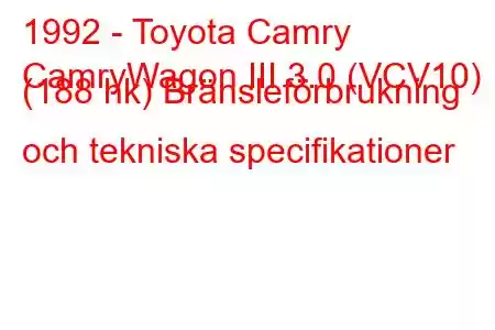 1992 - Toyota Camry
CamryWagon III 3.0 (VCV10) (188 hk) Bränsleförbrukning och tekniska specifikationer