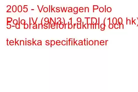 2005 - Volkswagen Polo
Polo IV (9N3) 1,9 TDI (100 hk) 5-d bränsleförbrukning och tekniska specifikationer