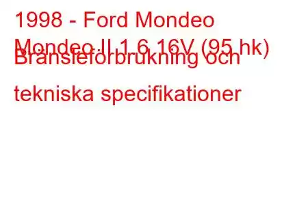 1998 - Ford Mondeo
Mondeo II 1.6 16V (95 hk) Bränsleförbrukning och tekniska specifikationer