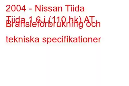 2004 - Nissan Tiida
Tiida 1.6 i (110 hk) AT Bränsleförbrukning och tekniska specifikationer