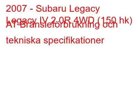 2007 - Subaru Legacy
Legacy IV 2.0R 4WD (150 hk) AT Bränsleförbrukning och tekniska specifikationer