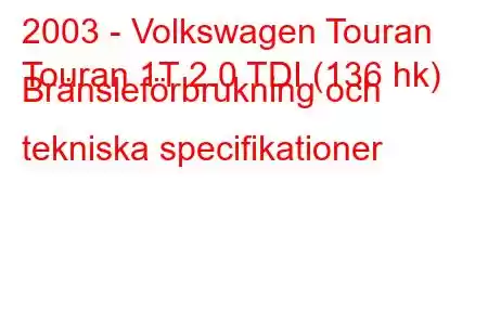 2003 - Volkswagen Touran
Touran 1T 2.0 TDI (136 hk) Bränsleförbrukning och tekniska specifikationer