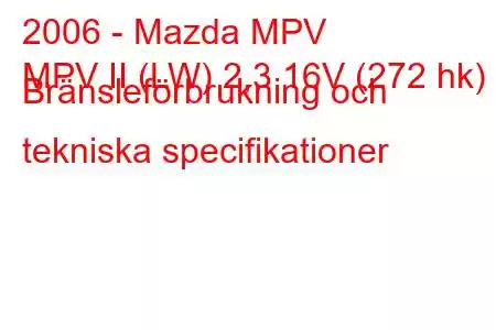 2006 - Mazda MPV
MPV II (LW) 2,3 16V (272 hk) Bränsleförbrukning och tekniska specifikationer